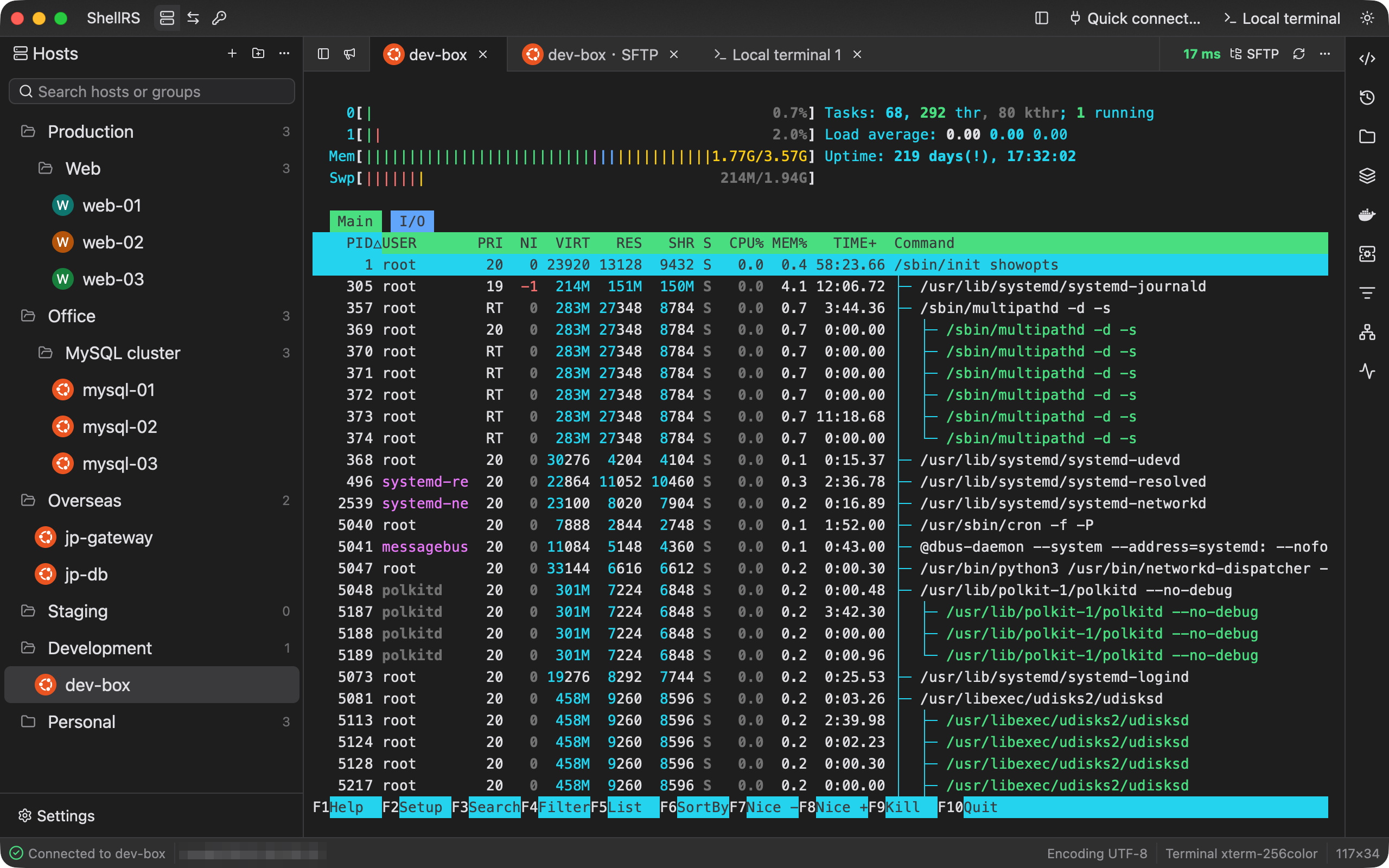 ShellRS のメイン画面:グループ分けされたホストツリー、リモートターミナルで動く htop、タブバーに表示された接続遅延
