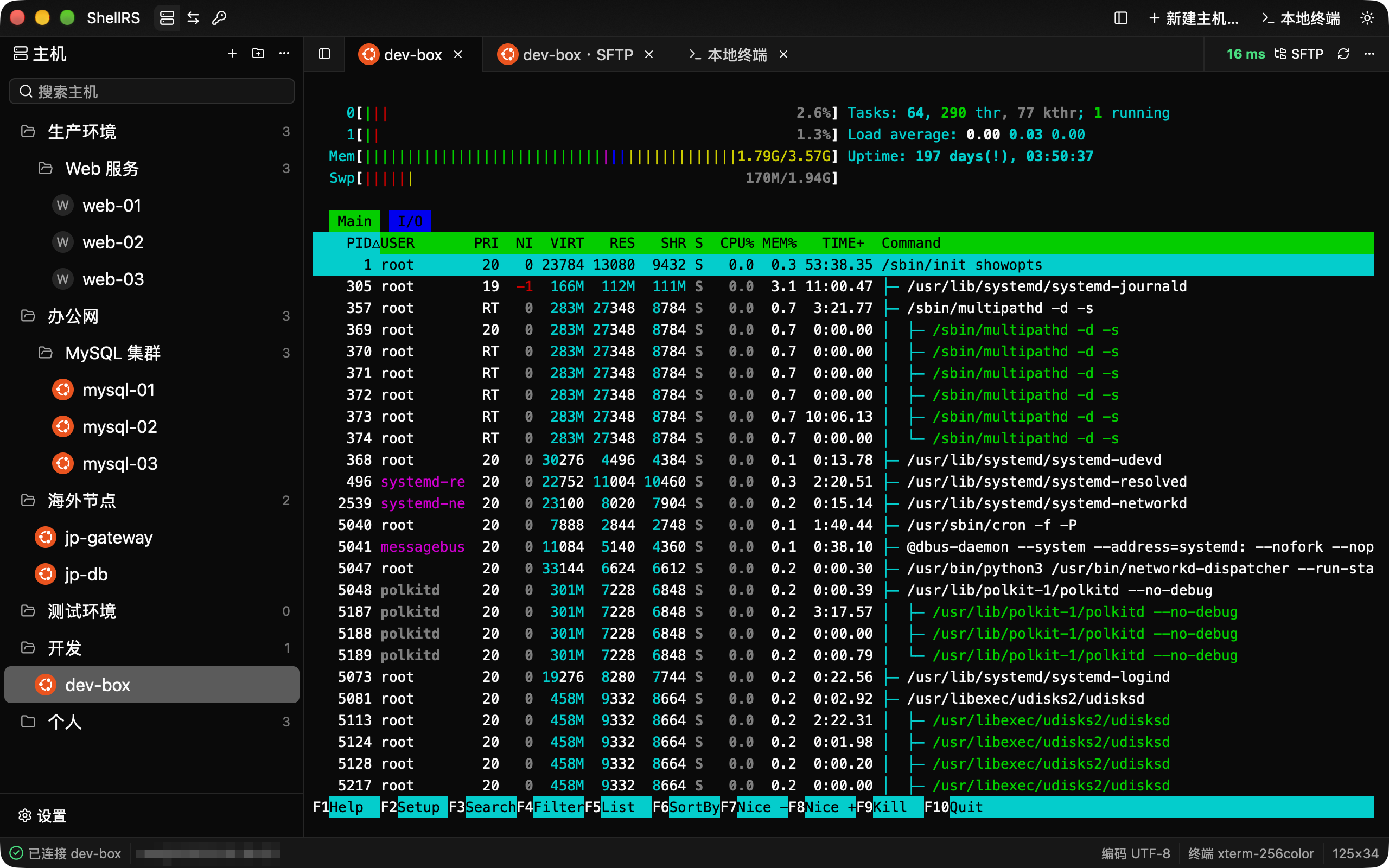 ShellRS 主界面：左侧是分组的主机树，右侧远程终端里运行着 htop，标签栏显示连接延迟