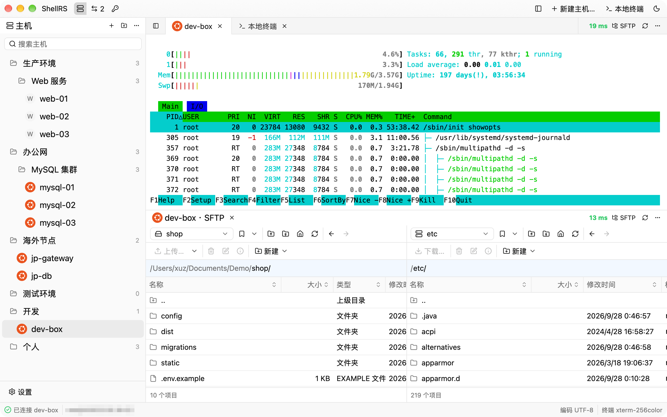 分栏：上面是远程终端，下面是同一台主机的 SFTP