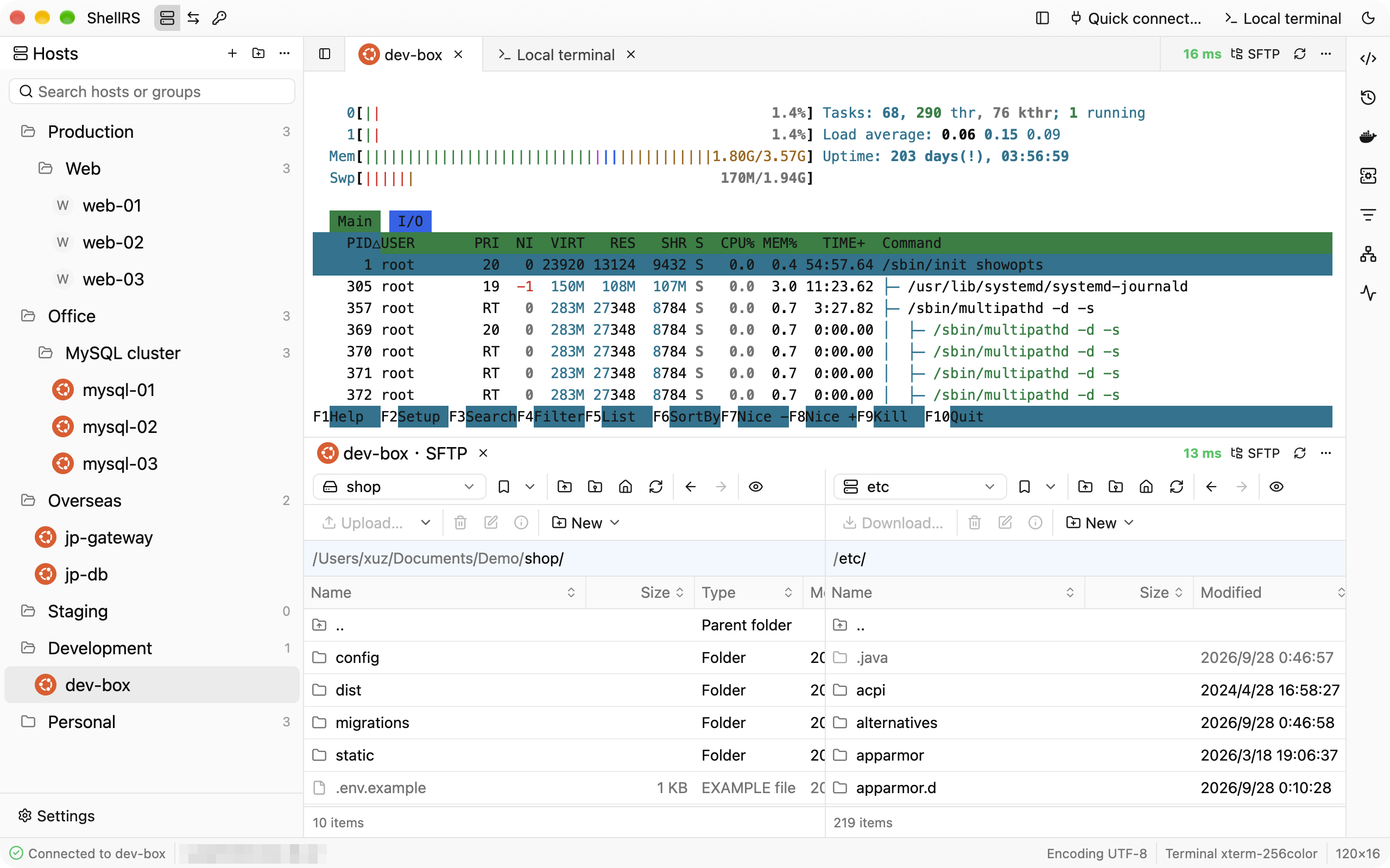 分割表示:上にリモートターミナル、下に同じホストの SFTP